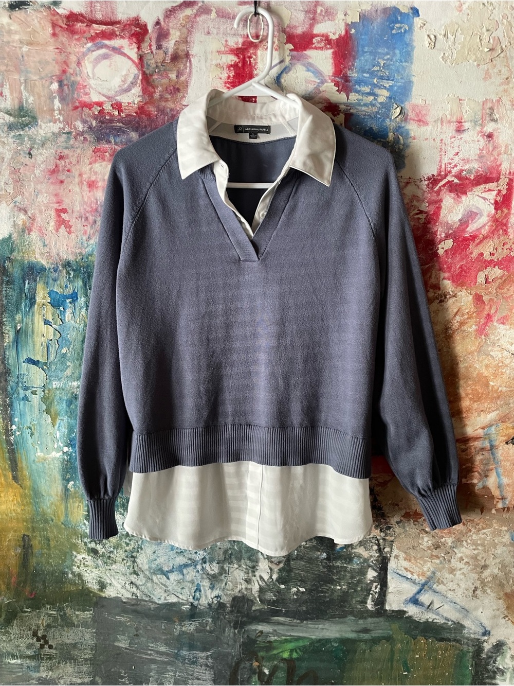 Adrianna Papell Gray V‑Neck Layered Knit Sweater with White Shirt Detail